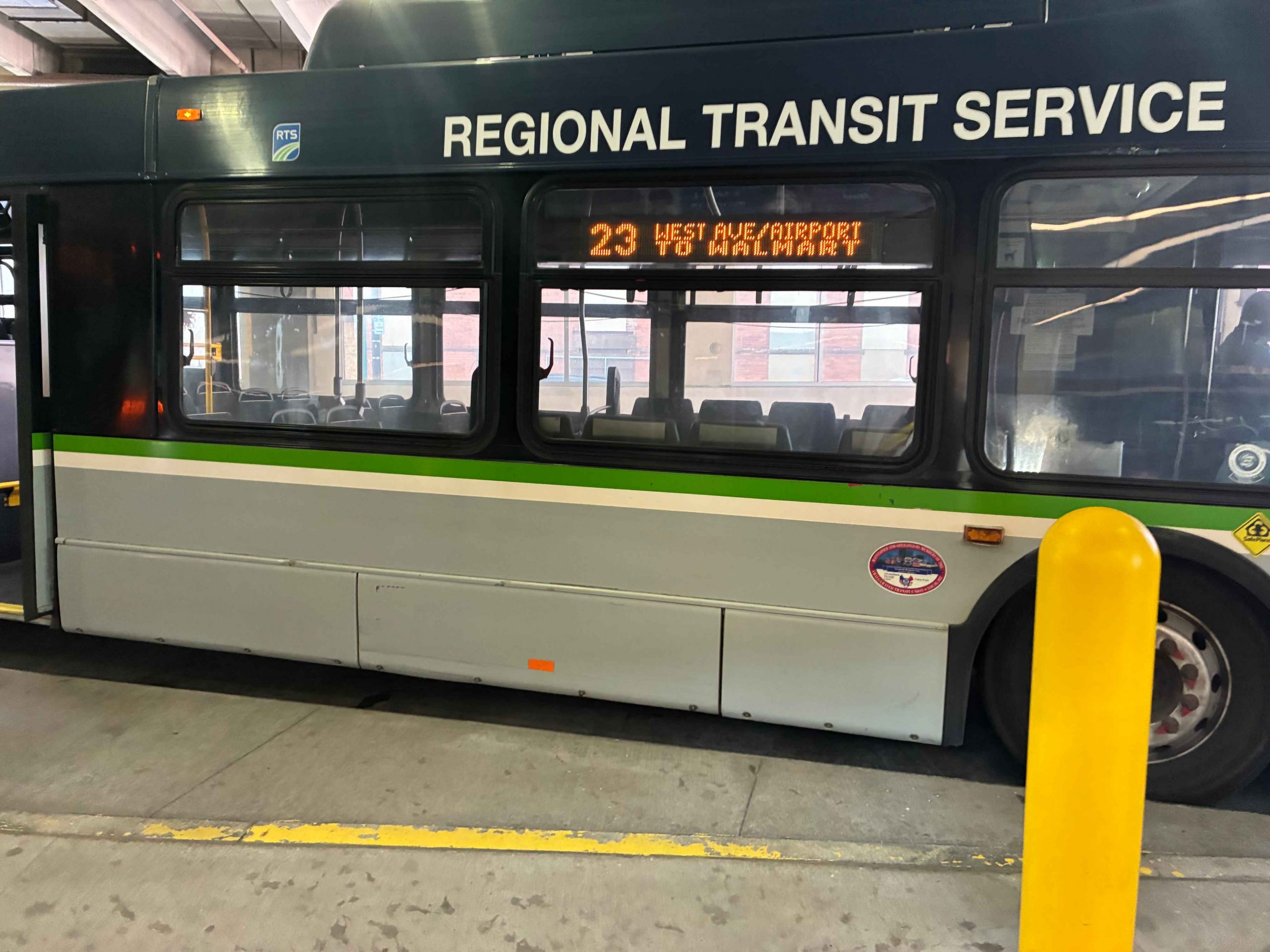 rts bus with screen that says 23 West Ave/Airport to Walmart